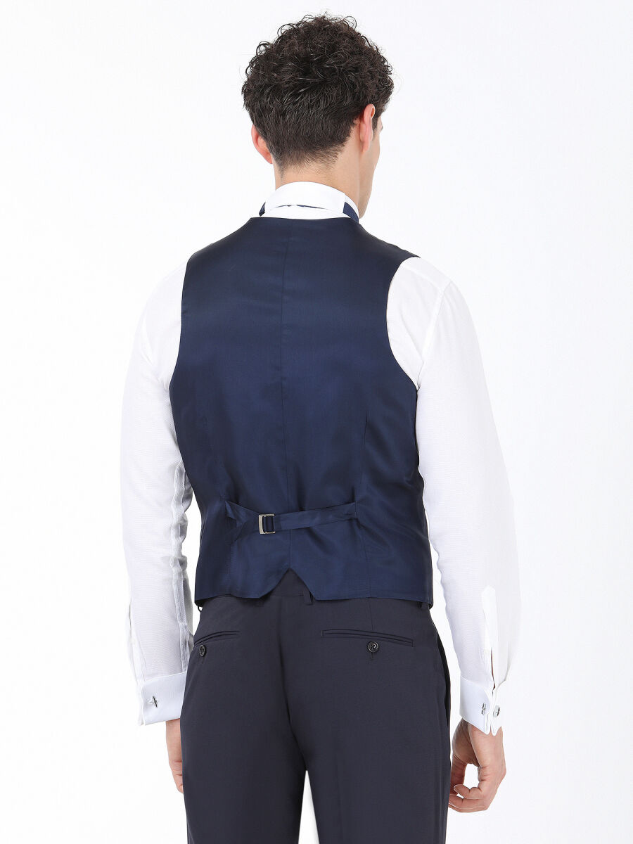 Lacivert Düz Slim Fit Demonte Yaka Dokuma Yelekli Smokin Takım Elbise - 6