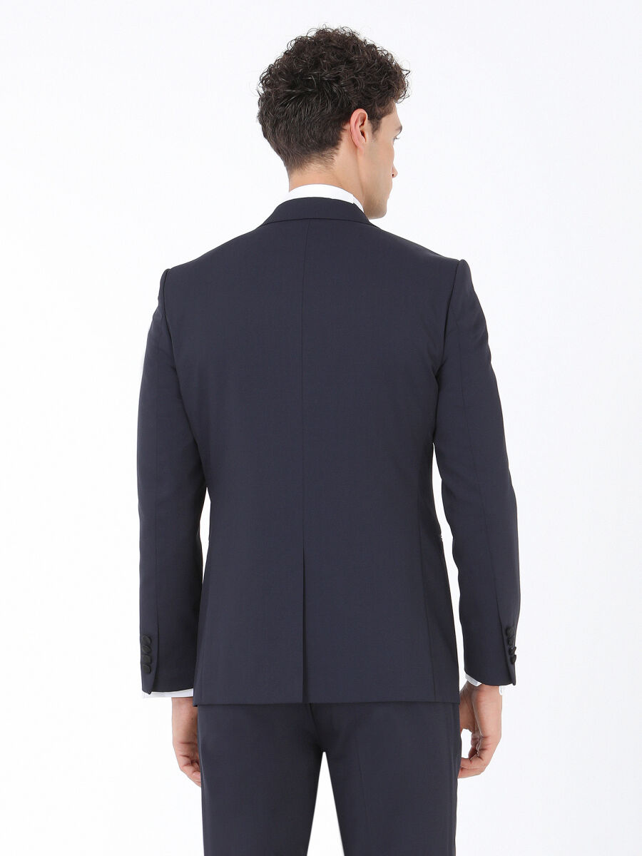 Lacivert Düz Slim Fit Demonte Yaka Dokuma Yelekli Smokin Takım Elbise - 7