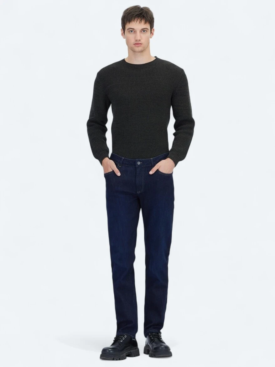 Lacivert Düz Slim Fit Denim Pamuk Karışımlı Pantolon - 1