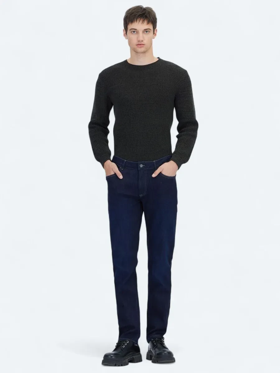 Lacivert Düz Slim Fit Denim Pamuk Karışımlı Pantolon - 1