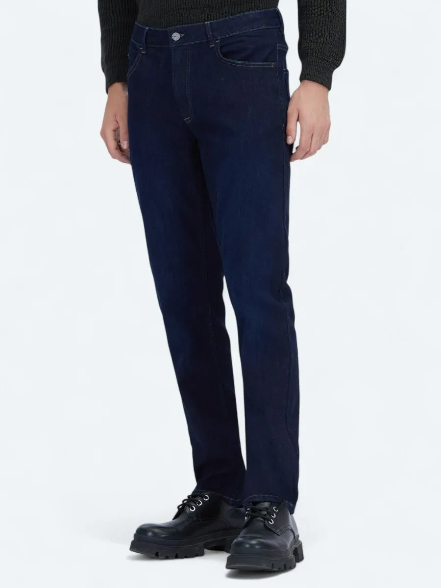 Lacivert Düz Slim Fit Denim Pamuk Karışımlı Pantolon - 2