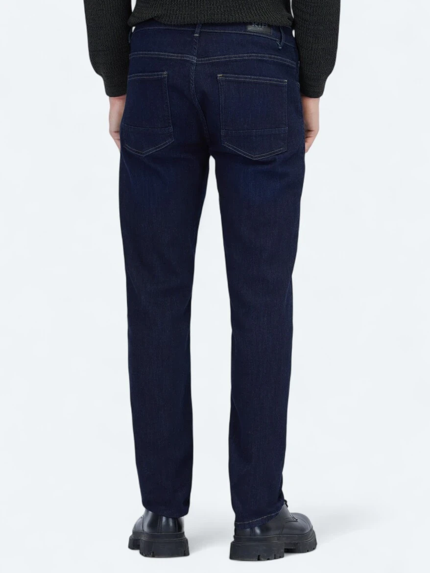 Lacivert Düz Slim Fit Denim Pamuk Karışımlı Pantolon - 4