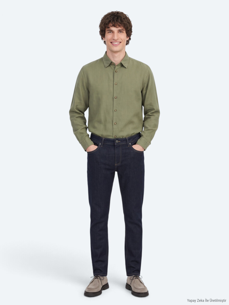 Lacivert Düz Slim Fit Denim Pamuk Karışımlı Pantolon - KİP