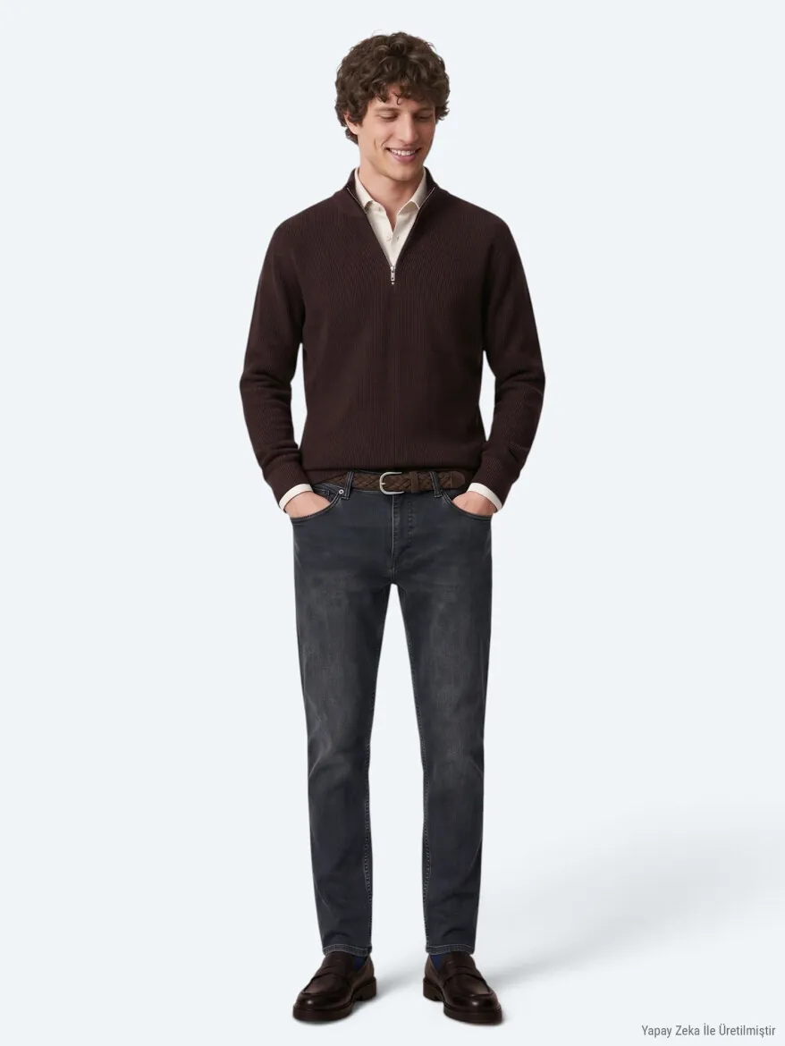 Lacivert Düz Slim Fit Denim Pamuk Karışımlı Pantolon - KİP