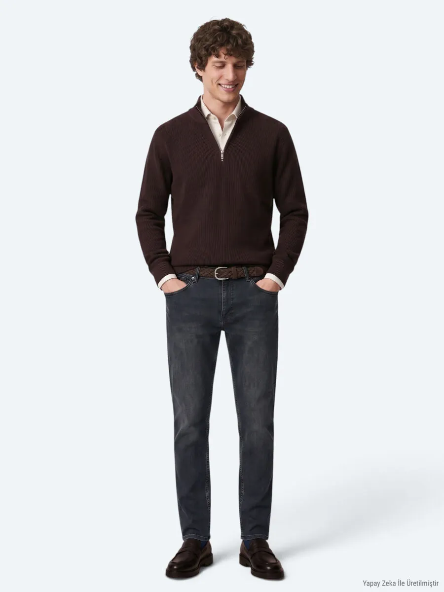 Lacivert Düz Slim Fit Denim Pamuk Karışımlı Pantolon - 1