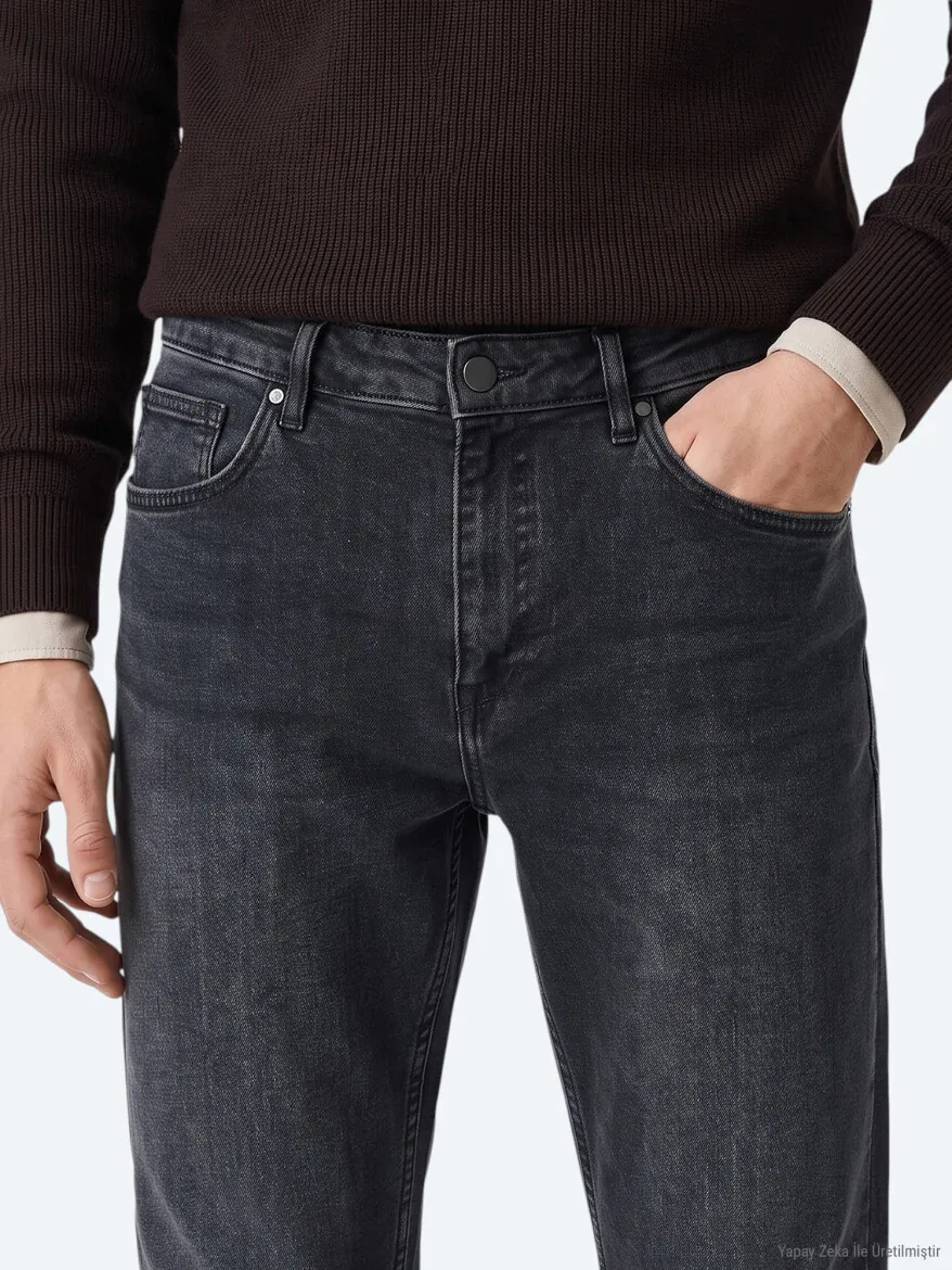 Lacivert Düz Slim Fit Denim Pamuk Karışımlı Pantolon - 3