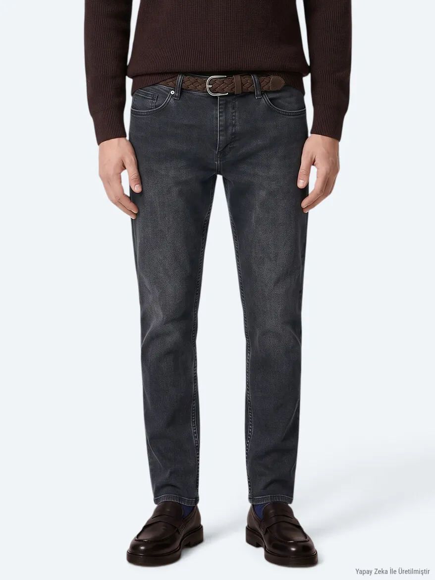 Lacivert Düz Slim Fit Denim Pamuk Karışımlı Pantolon - 4
