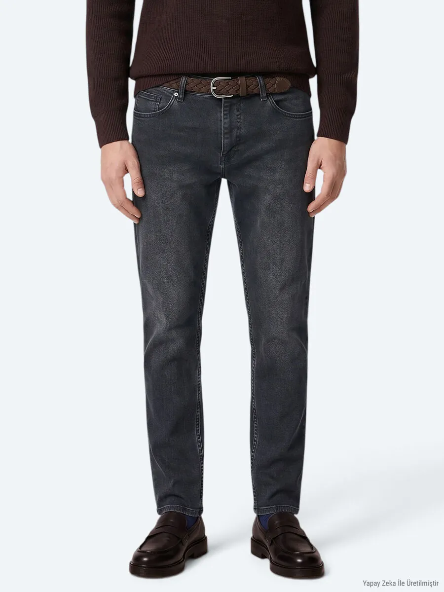 Lacivert Düz Slim Fit Denim Pamuk Karışımlı Pantolon - 4