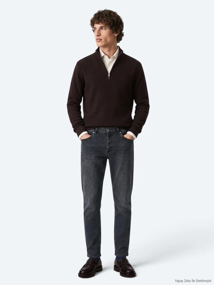 Lacivert Düz Slim Fit Denim Pamuk Karışımlı Pantolon - 5