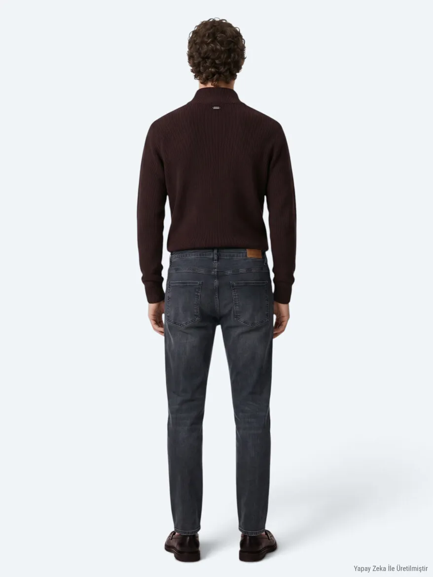 Lacivert Düz Slim Fit Denim Pamuk Karışımlı Pantolon - 6