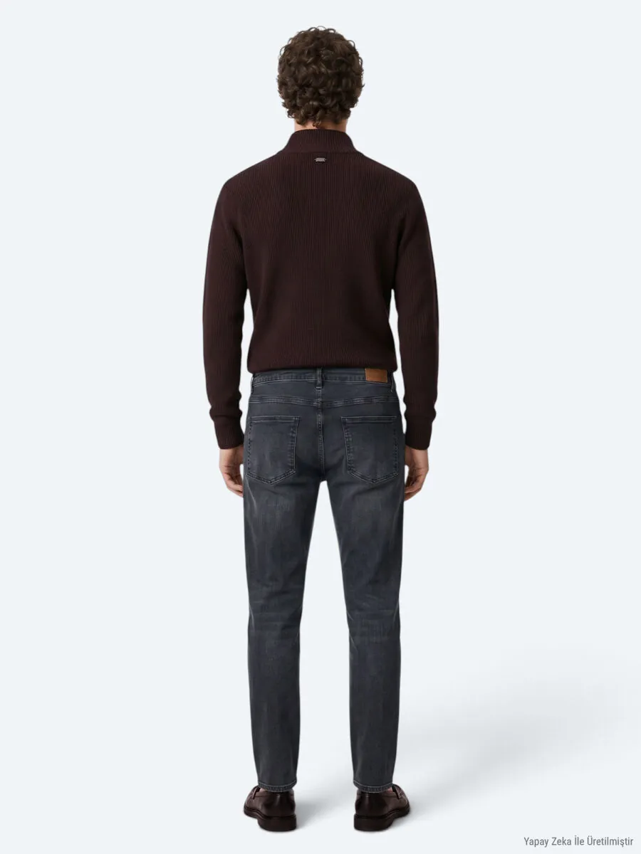 Lacivert Düz Slim Fit Denim Pamuk Karışımlı Pantolon - 6