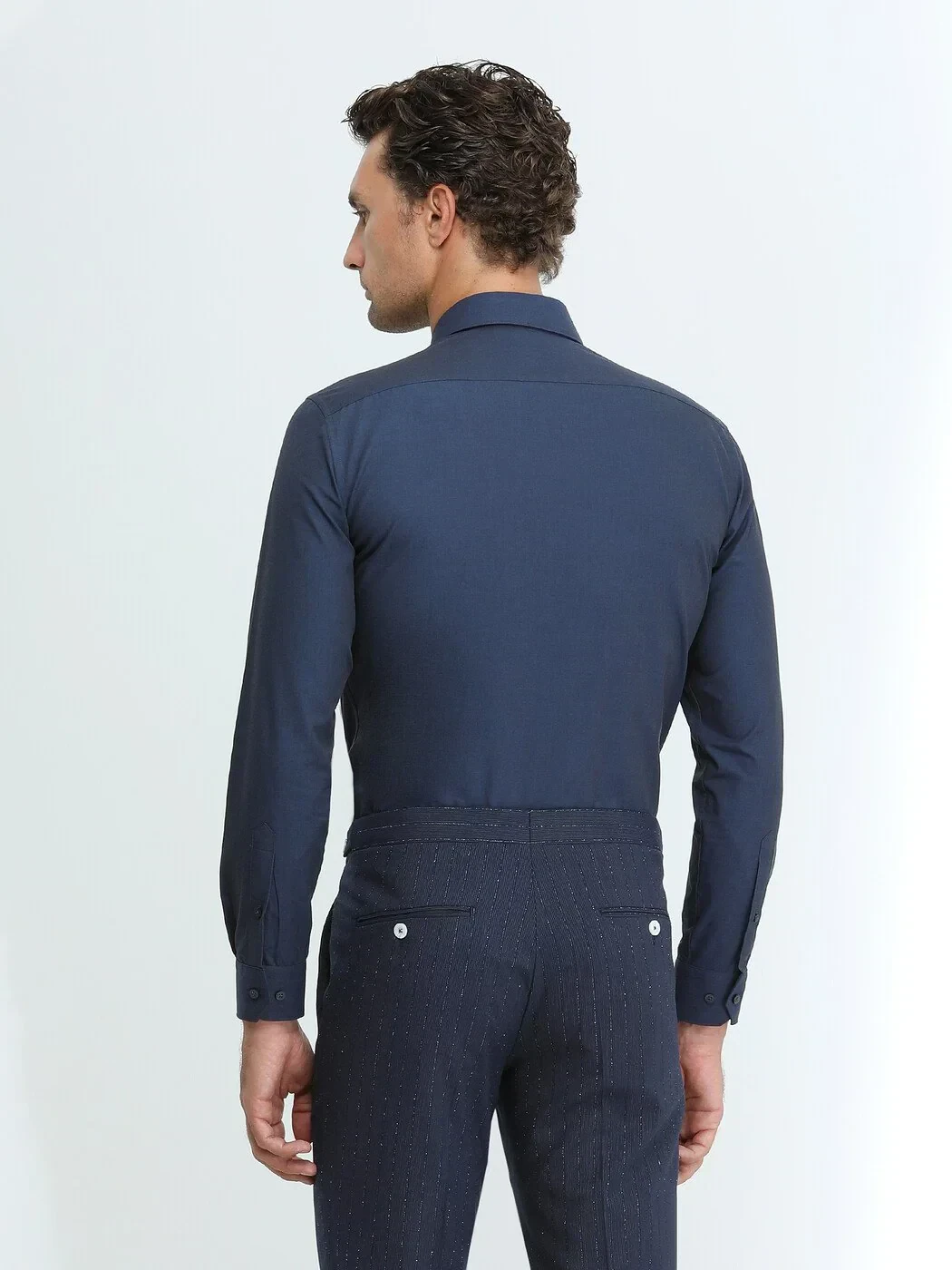 Lacivert Düz Slim Fit Dokuma Klasik Pamuk Karışımlı Gömlek - 4