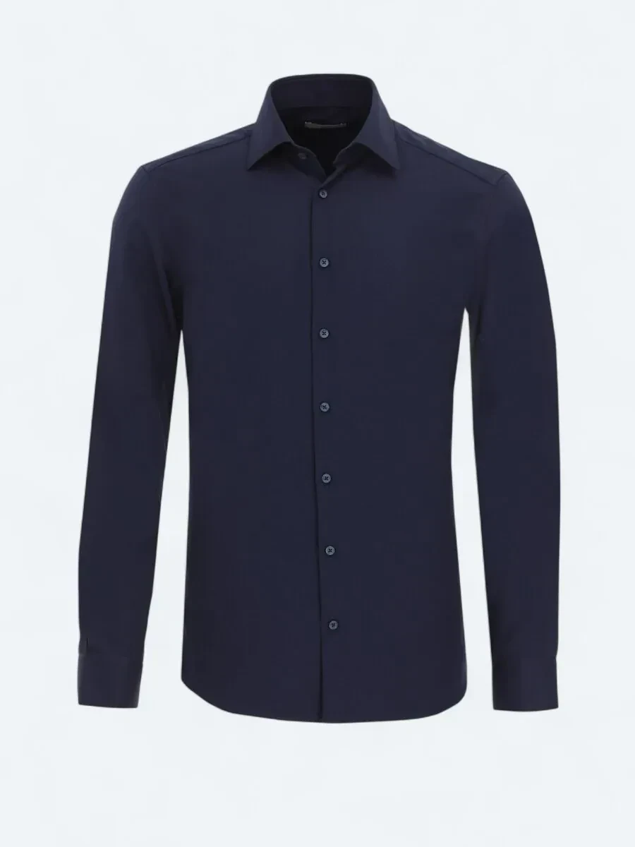 Lacivert Düz Slim Fit Dokuma Klasik Pamuk Karışımlı Gömlek - 5