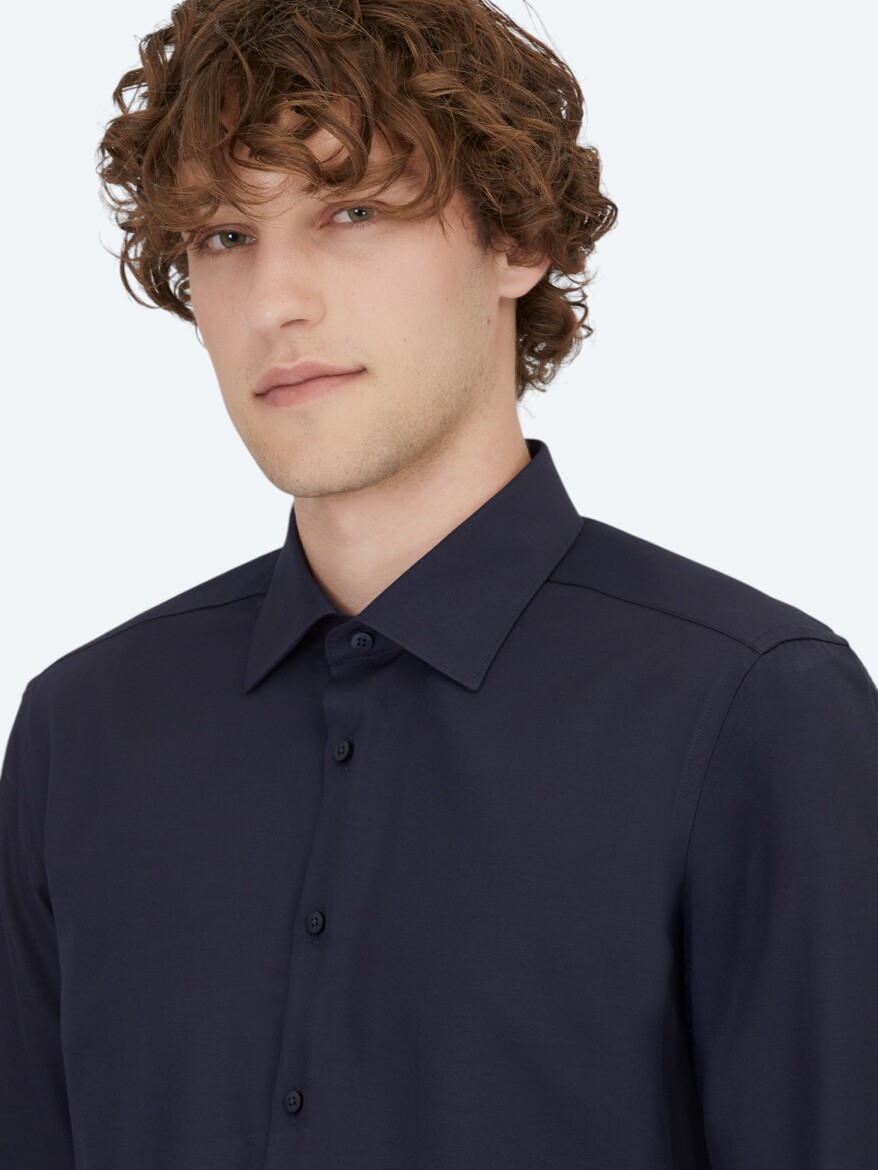 Lacivert Düz Slim Fit Dokuma Klasik Pamuk Karışımlı Gömlek - 4