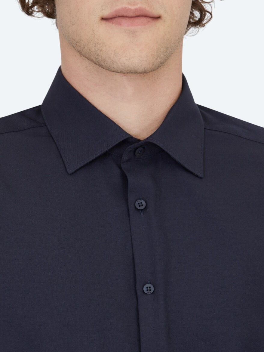 Lacivert Düz Slim Fit Dokuma Klasik Pamuk Karışımlı Gömlek - 5