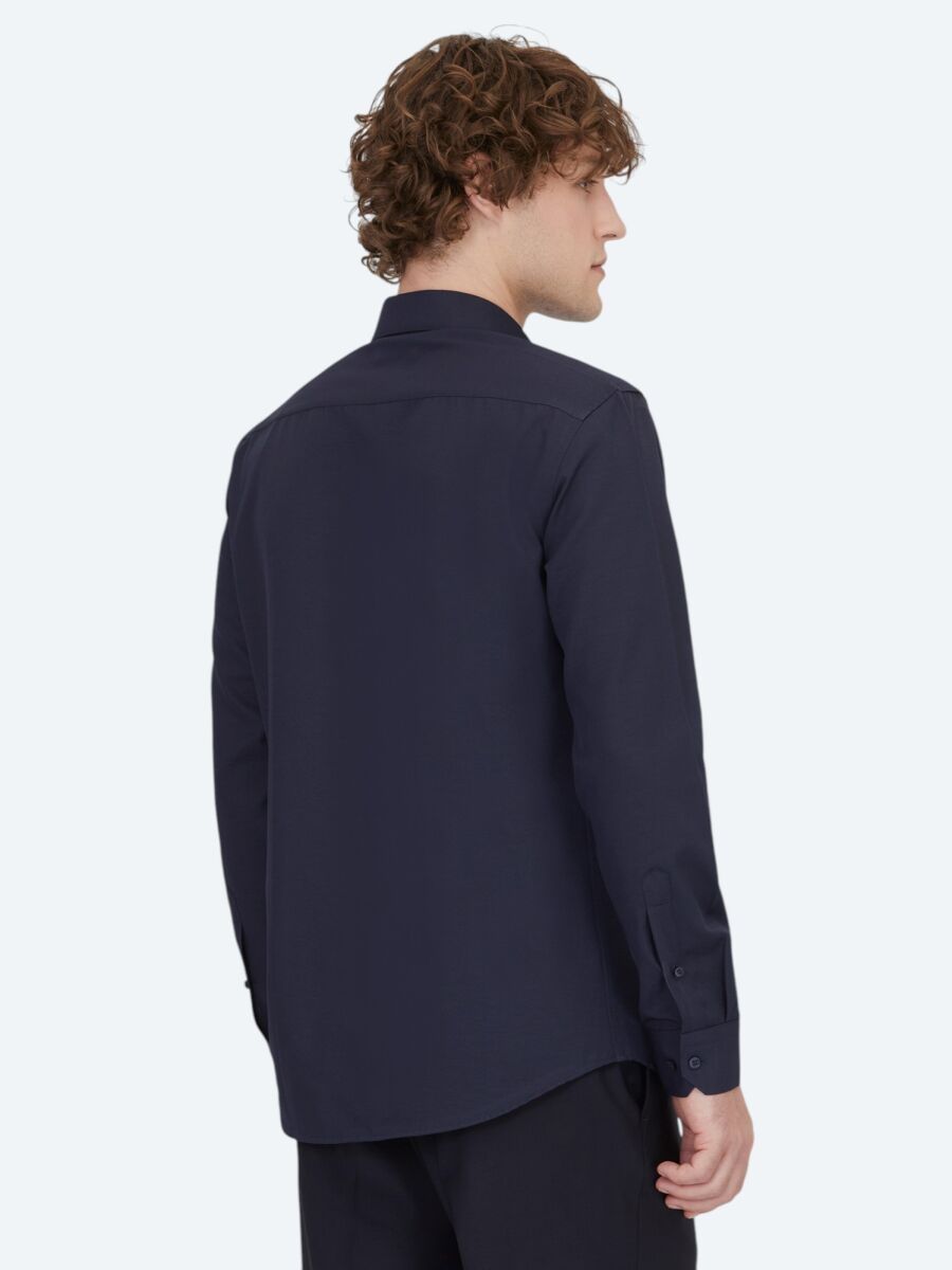 Lacivert Düz Slim Fit Dokuma Klasik Pamuk Karışımlı Gömlek - 6