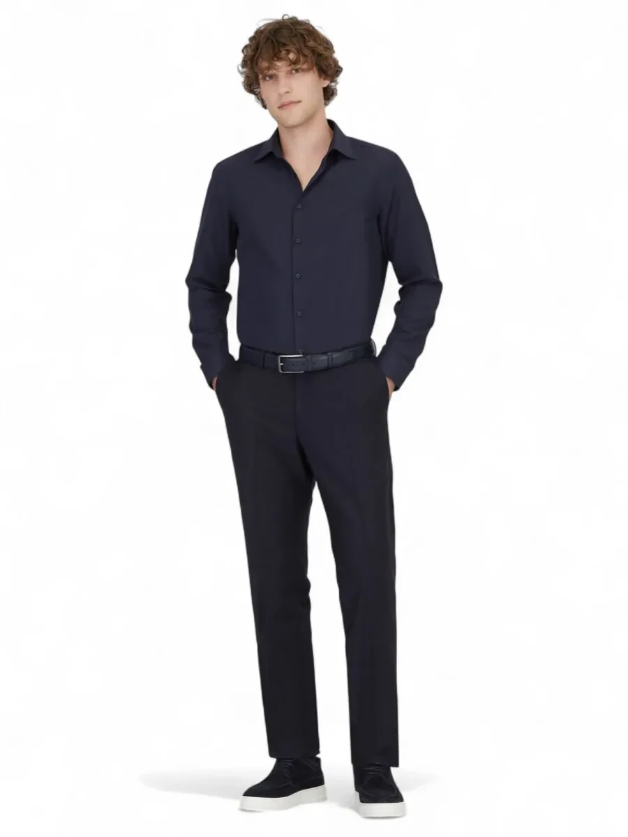 Lacivert Düz Slim Fit Dokuma Klasik Pamuk Karışımlı Gömlek - 2