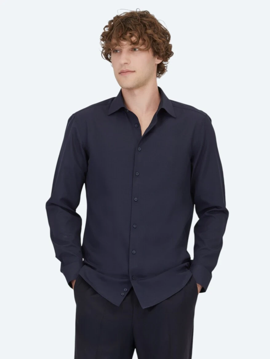 Lacivert Düz Slim Fit Dokuma Klasik Pamuk Karışımlı Gömlek - 3