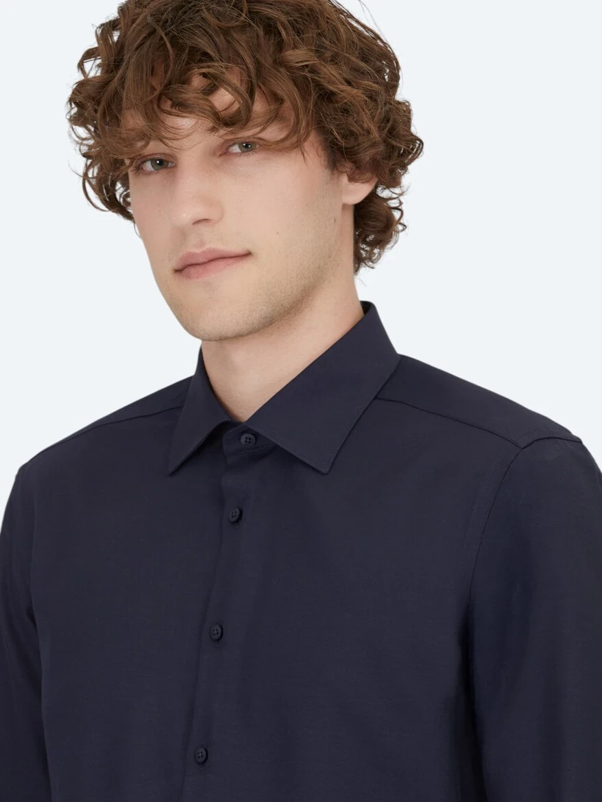 Lacivert Düz Slim Fit Dokuma Klasik Pamuk Karışımlı Gömlek 