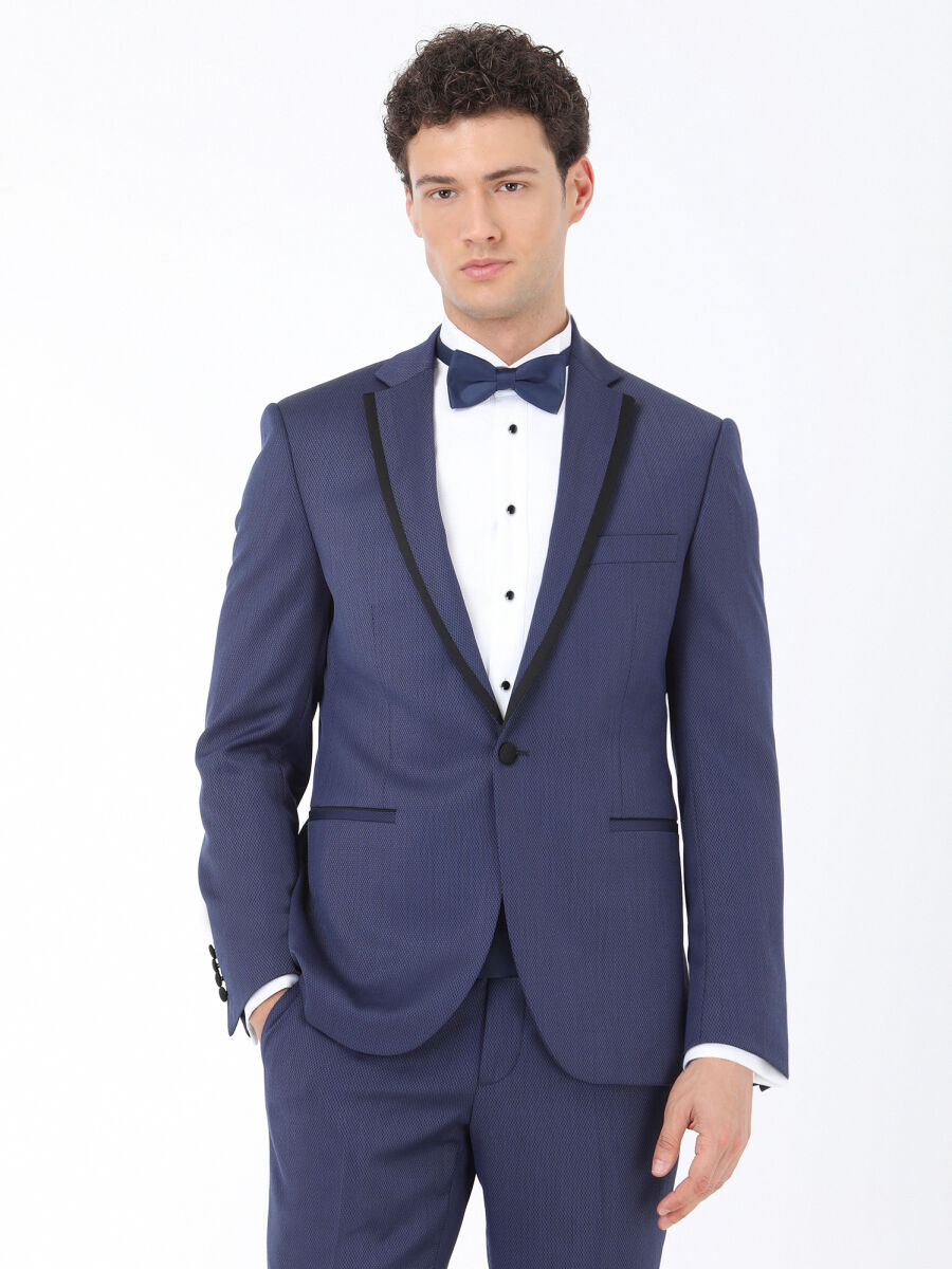 Lacivert Düz Slim Fit Kelebek Yaka Dokuma Smokin Takım Elbise - 1