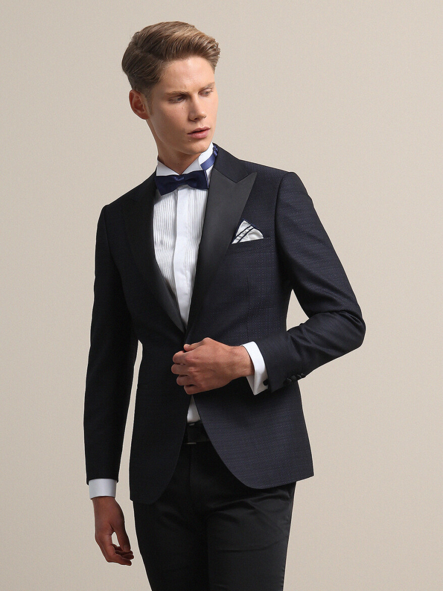 Lacivert Düz Slim Fit Kruvaze Yaka Dokuma Smokin Takım Elbise - 2