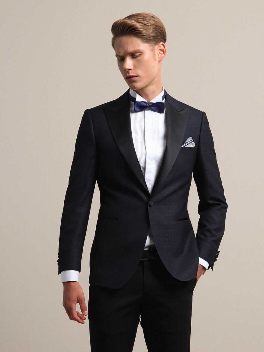 Lacivert Düz Slim Fit Kruvaze Yaka Dokuma Smokin Takım Elbise - 3