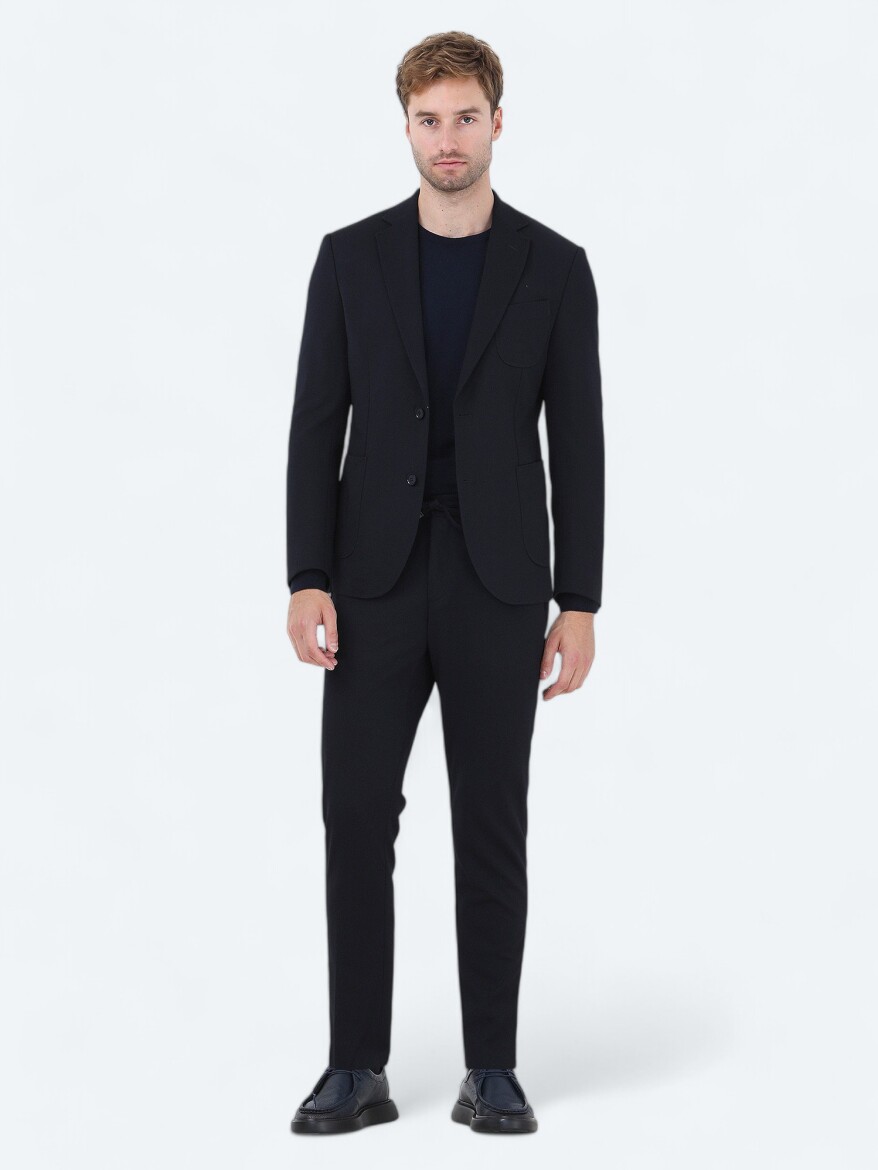 Lacivert Düz Slim Fit Örme Takım Elbise - KİP