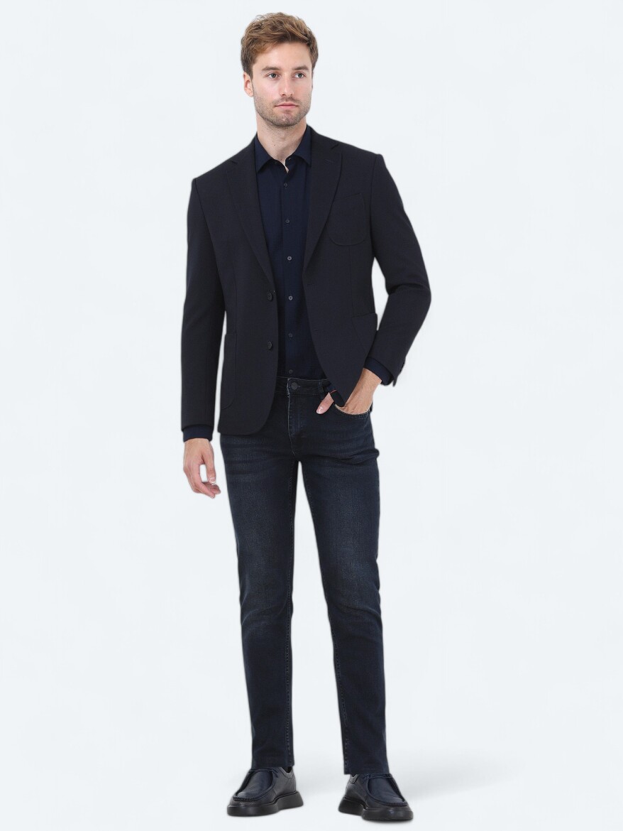 Lacivert Düz Slim Fit Örme Takım Elbise - KİP