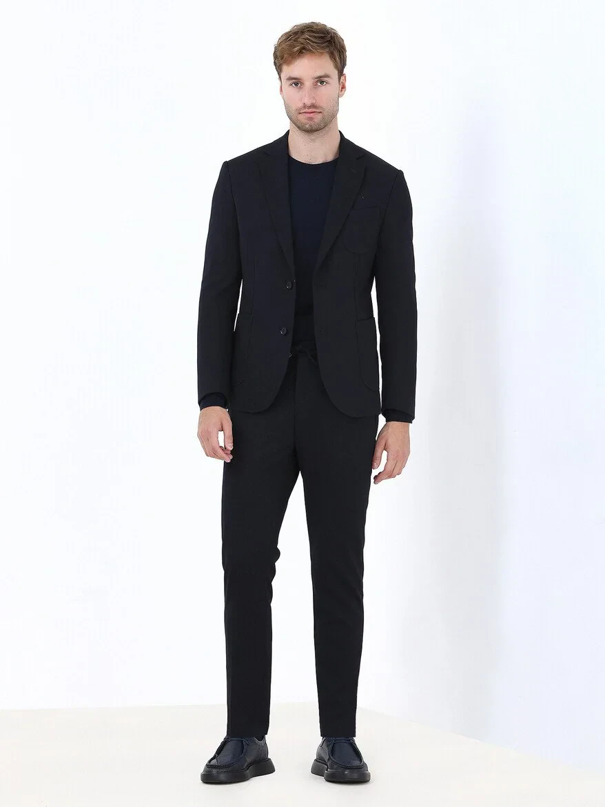 Lacivert Düz Slim Fit Örme Takım Elbise - 4
