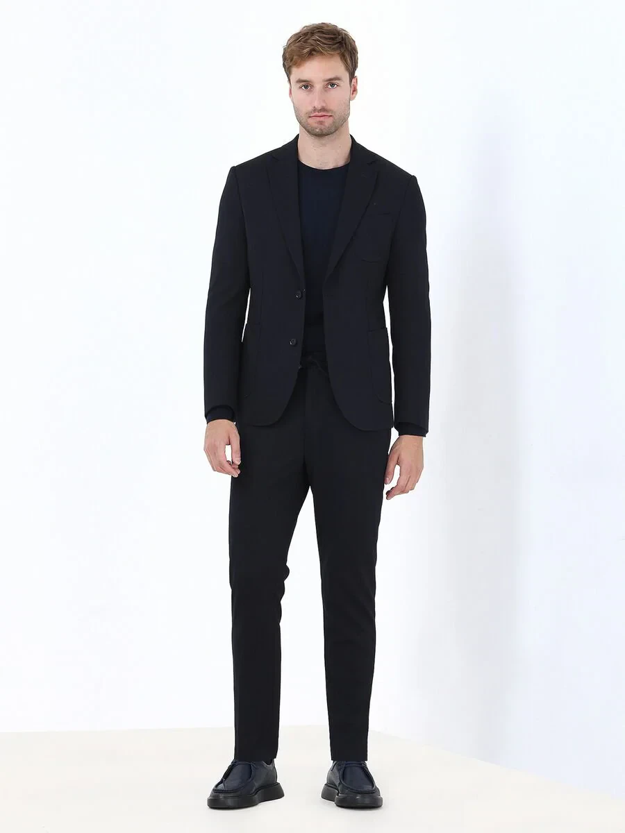 Lacivert Düz Slim Fit Örme Takım Elbise - 4