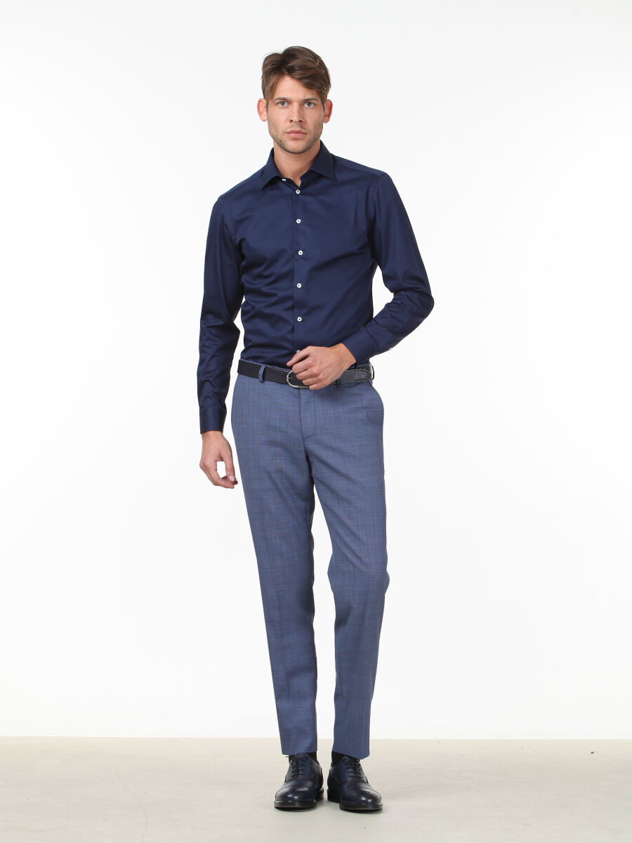 Lacivert Düz Slim Fit Uzun Dokuma Klasik %100 Pamuk Gömlek - 2