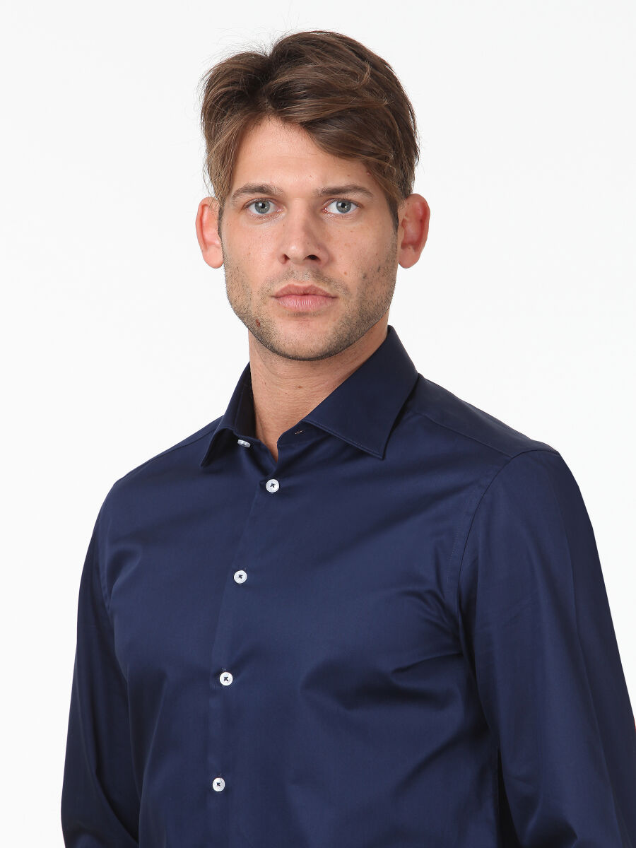 Lacivert Düz Slim Fit Uzun Dokuma Klasik %100 Pamuk Gömlek - 3