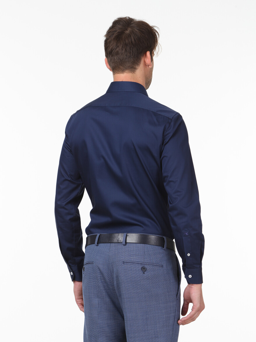 Lacivert Düz Slim Fit Uzun Dokuma Klasik %100 Pamuk Gömlek - 4