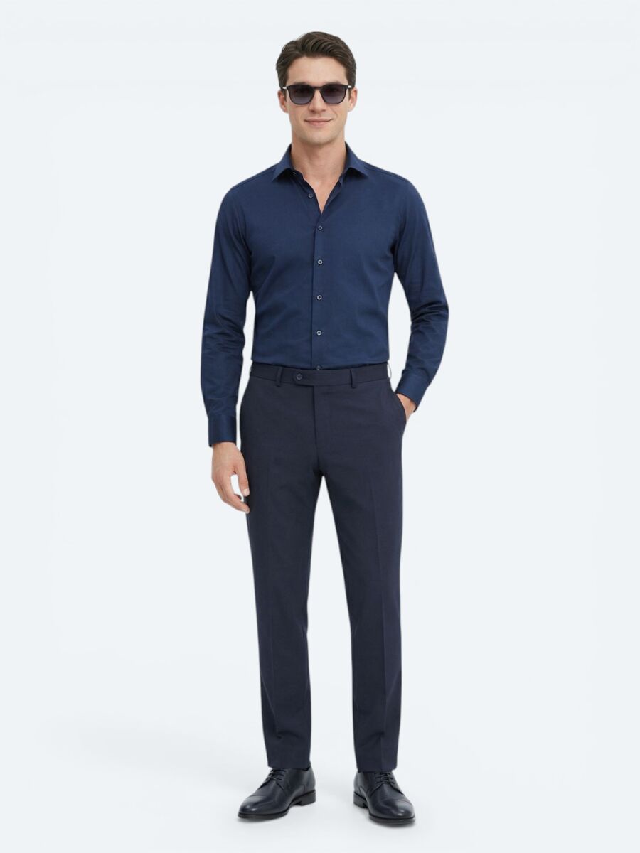 Lacivert Düz Slim Fit Uzun Dokuma Klasik %100 Pamuk Gömlek - 2