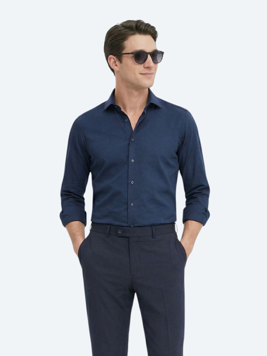 Lacivert Düz Slim Fit Uzun Dokuma Klasik %100 Pamuk Gömlek - 3