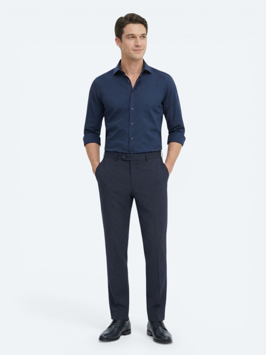 Lacivert Düz Slim Fit Uzun Dokuma Klasik %100 Pamuk Gömlek - 4