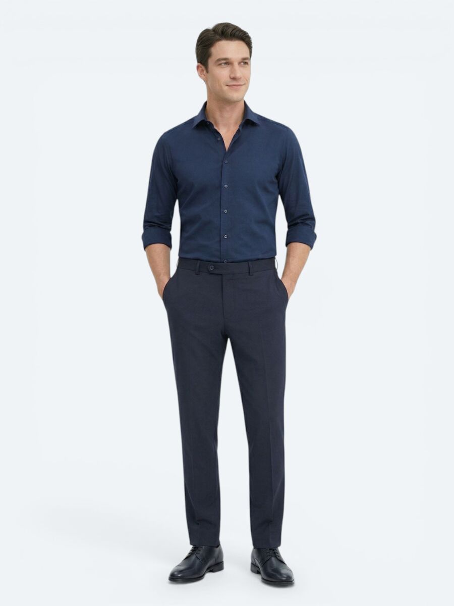 Lacivert Düz Slim Fit Uzun Dokuma Klasik %100 Pamuk Gömlek - 4