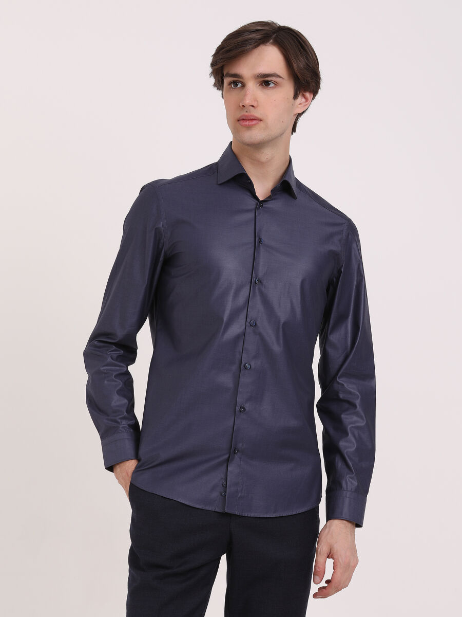 Lacivert Düz Slim Fit Uzun Dokuma Klasik %100 Pamuk Gömlek - 2