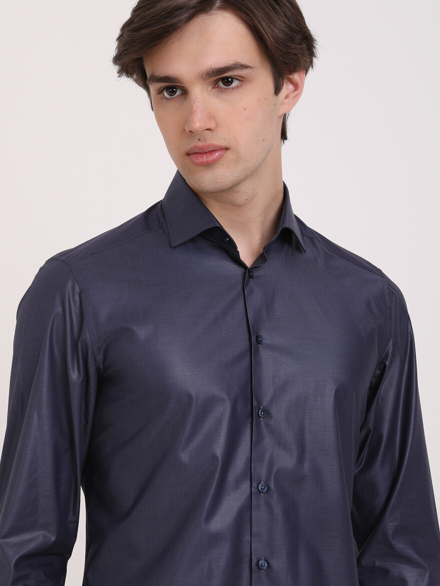 Lacivert Düz Slim Fit Uzun Dokuma Klasik %100 Pamuk Gömlek - 3