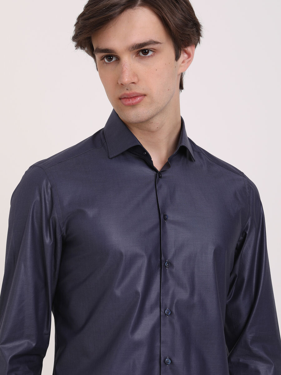 Lacivert Düz Slim Fit Uzun Dokuma Klasik %100 Pamuk Gömlek - 3