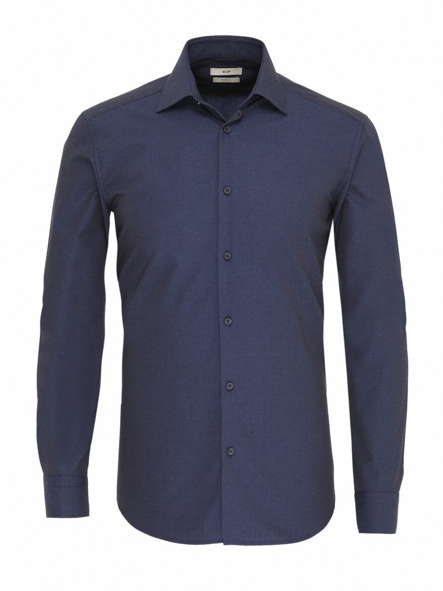 Lacivert Düz Slim Fit Uzun Dokuma Klasik Pamuk Karışımlı Gömlek 