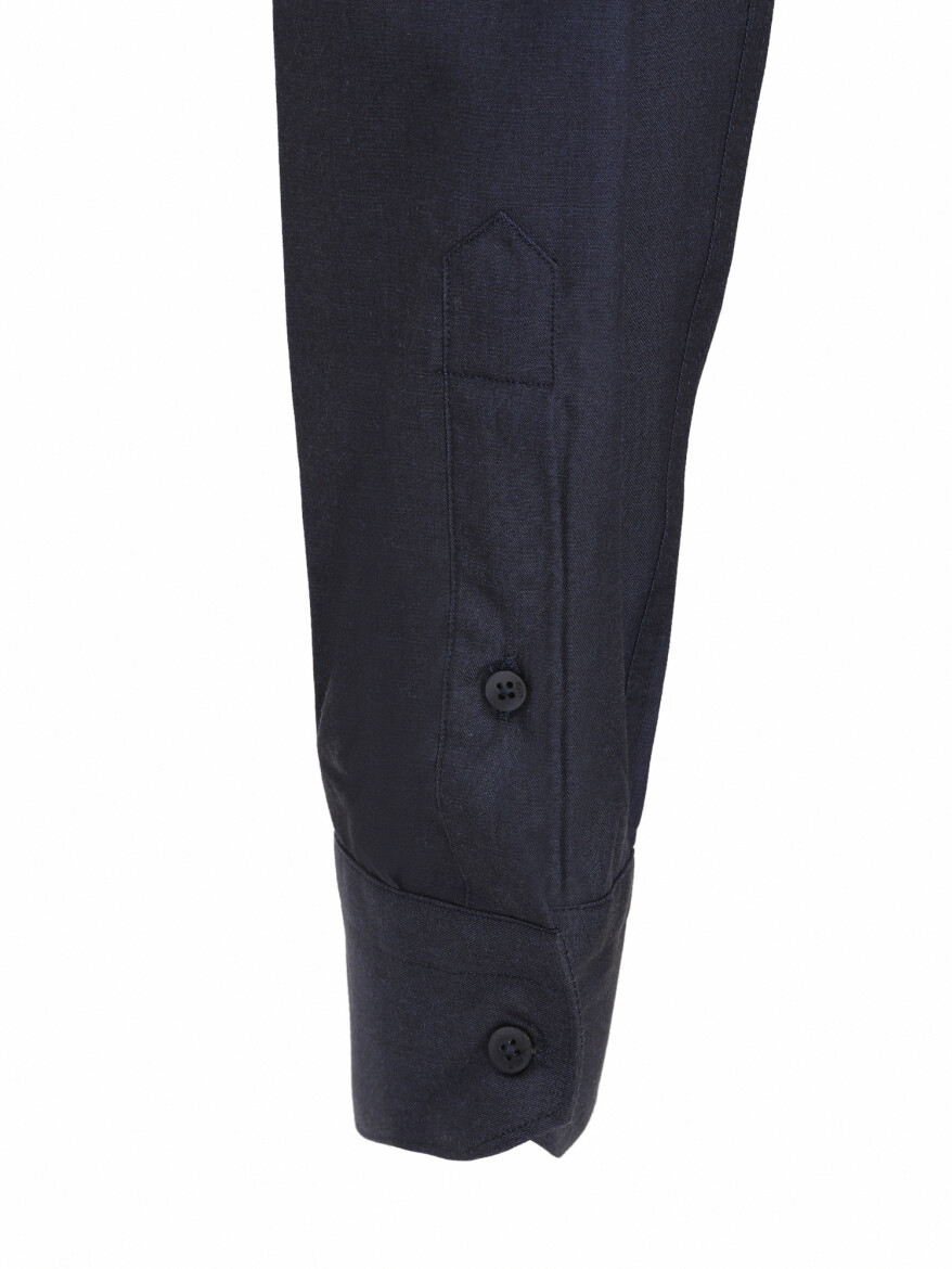 Lacivert Düz Slim Fit Uzun Dokuma Klasik Pamuk Karışımlı Gömlek - 2