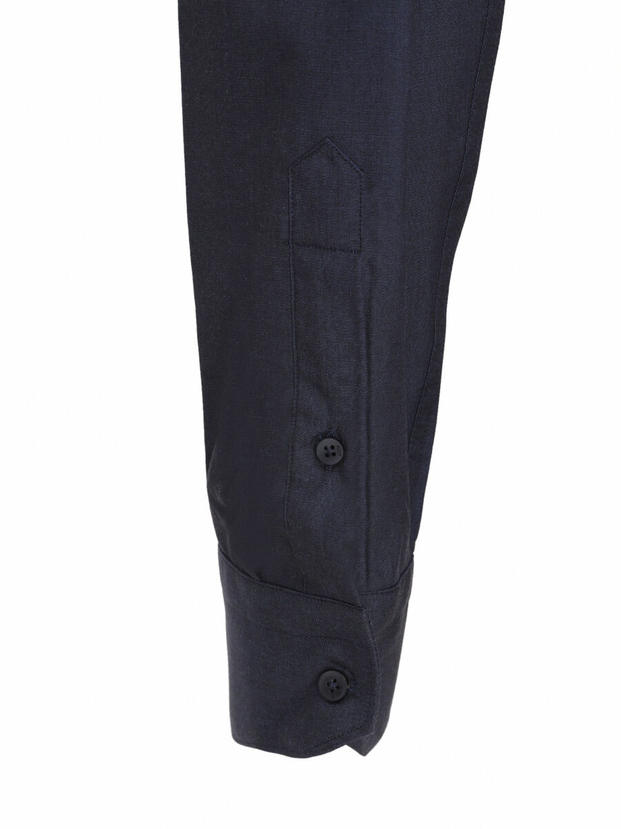 Lacivert Düz Slim Fit Uzun Dokuma Klasik Pamuk Karışımlı Gömlek - 2