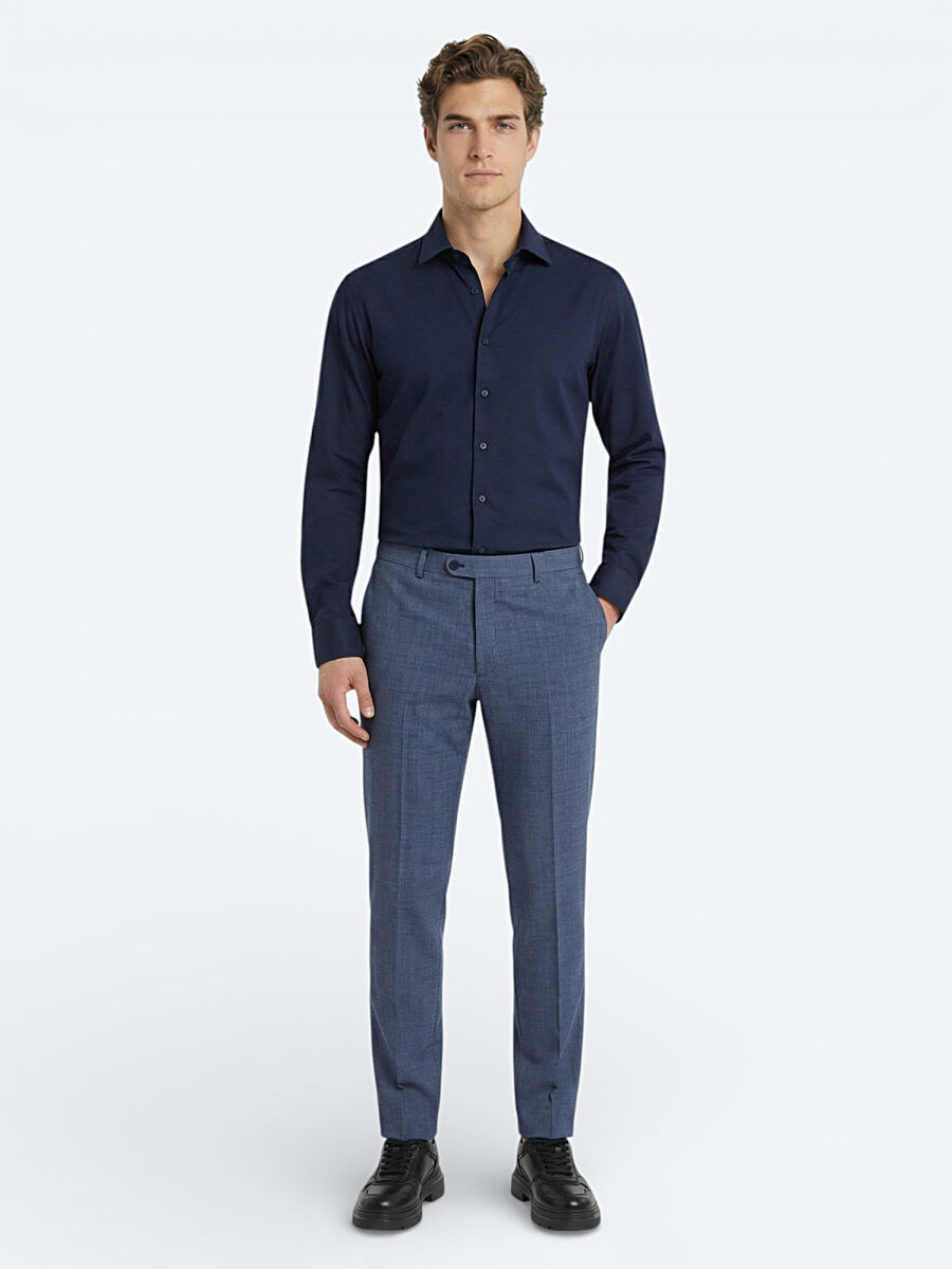 Lacivert Düz Slim Fit Uzun Dokuma Klasik Pamuk Karışımlı Gömlek - 3