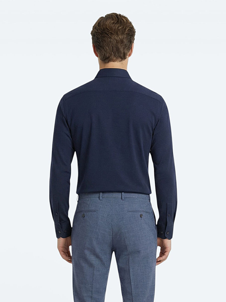 Lacivert Düz Slim Fit Uzun Dokuma Klasik Pamuk Karışımlı Gömlek - 4