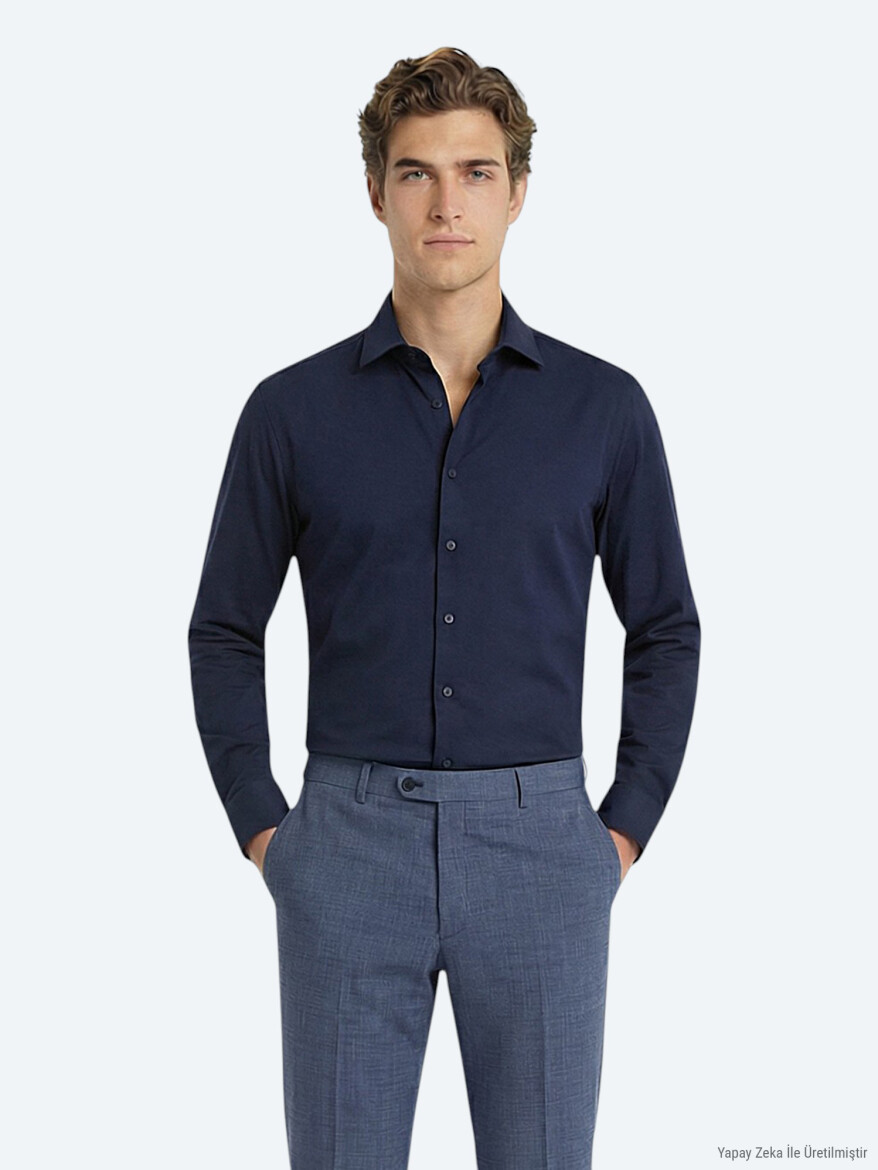Lacivert Düz Slim Fit Uzun Dokuma Klasik Pamuk Karışımlı Gömlek 