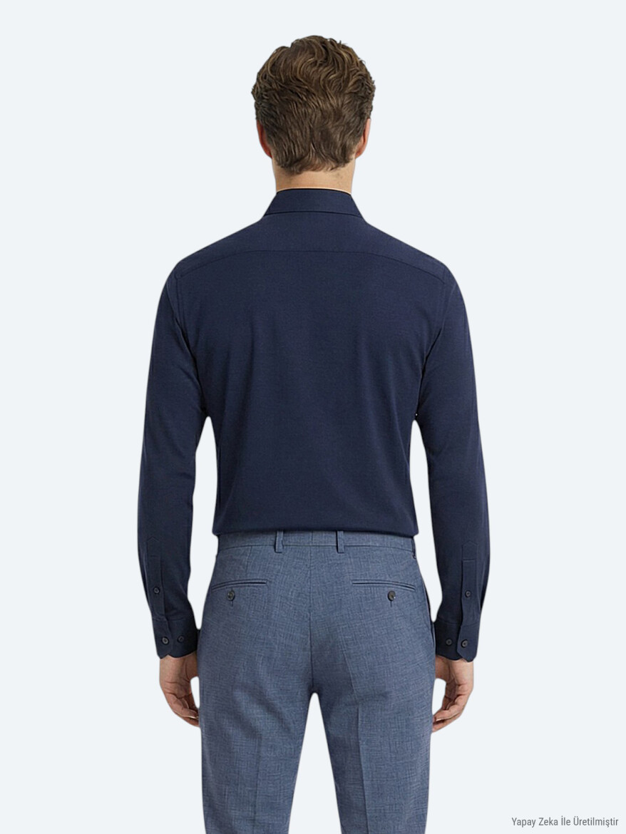 Lacivert Düz Slim Fit Uzun Dokuma Klasik Pamuk Karışımlı Gömlek - 4