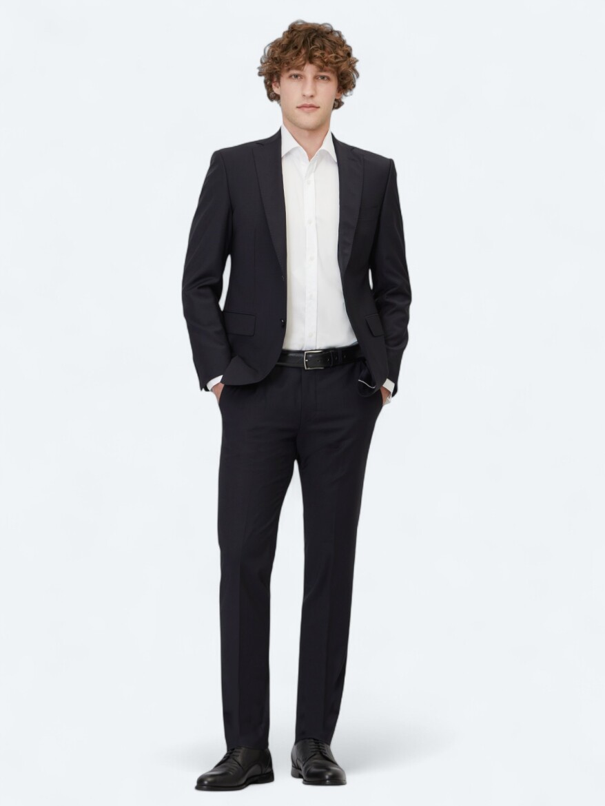 Lacivert Düz Slim Fit Yün Karışımlı Takım Elbise 