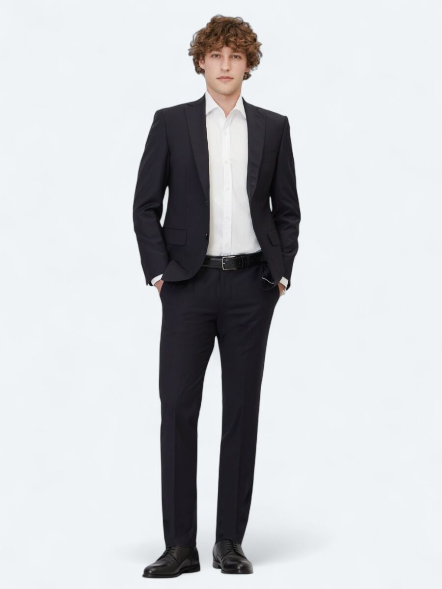 Lacivert Düz Slim Fit Yün Karışımlı Takım Elbise - 2