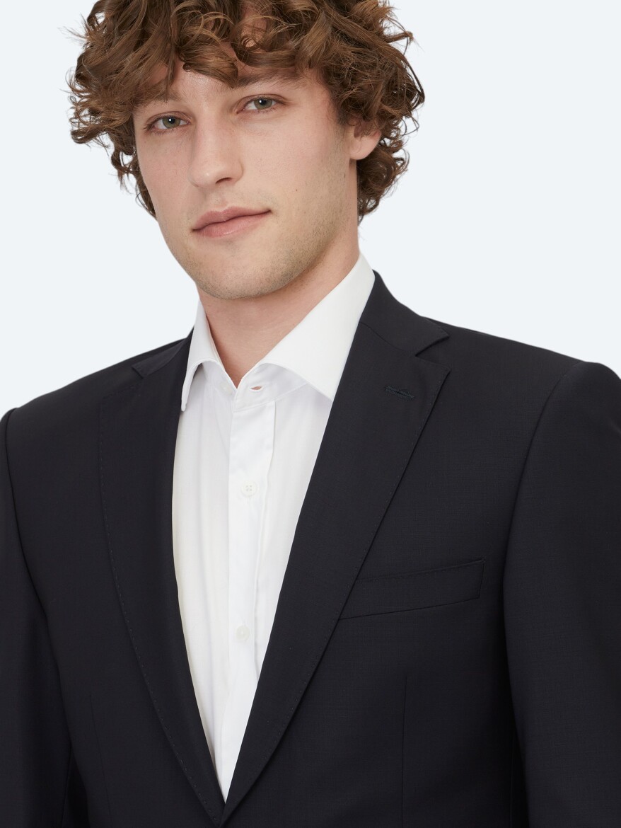 Lacivert Düz Slim Fit Yün Karışımlı Takım Elbise - 3